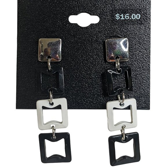 Modern Ophelia Roe Black & White Geometric Drop Silver Tone Earrings - Picture 1 of 6